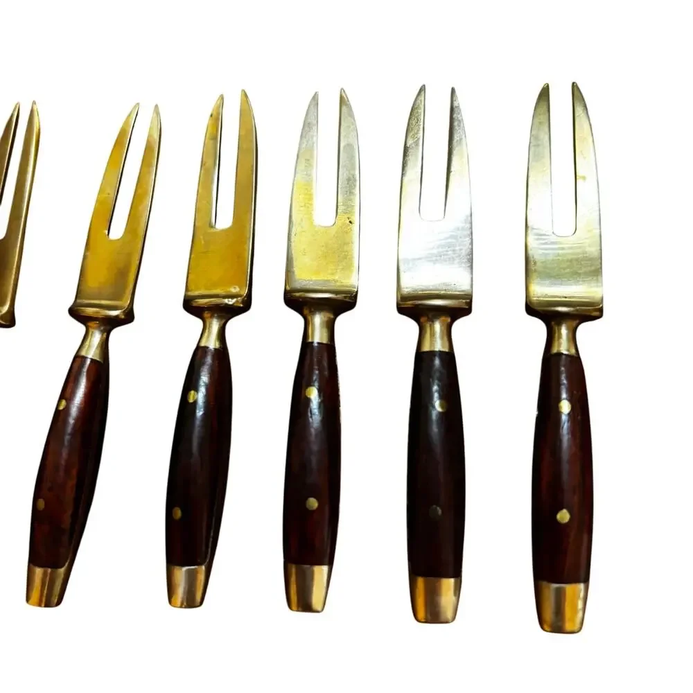 Vintage mid century cocktail forks teak wood & brass set of 8 tiki party supply